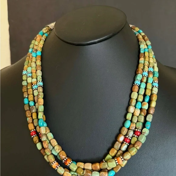 Sterling silver sourhwestern blue green turquoise multistrand necklace 24 inch